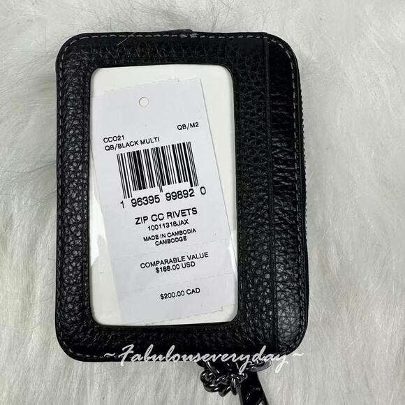 Coach Zip Card Case With Rivets In Refined Pebble Leather CCO21 Black Multi NWT - Picture 3 of 3